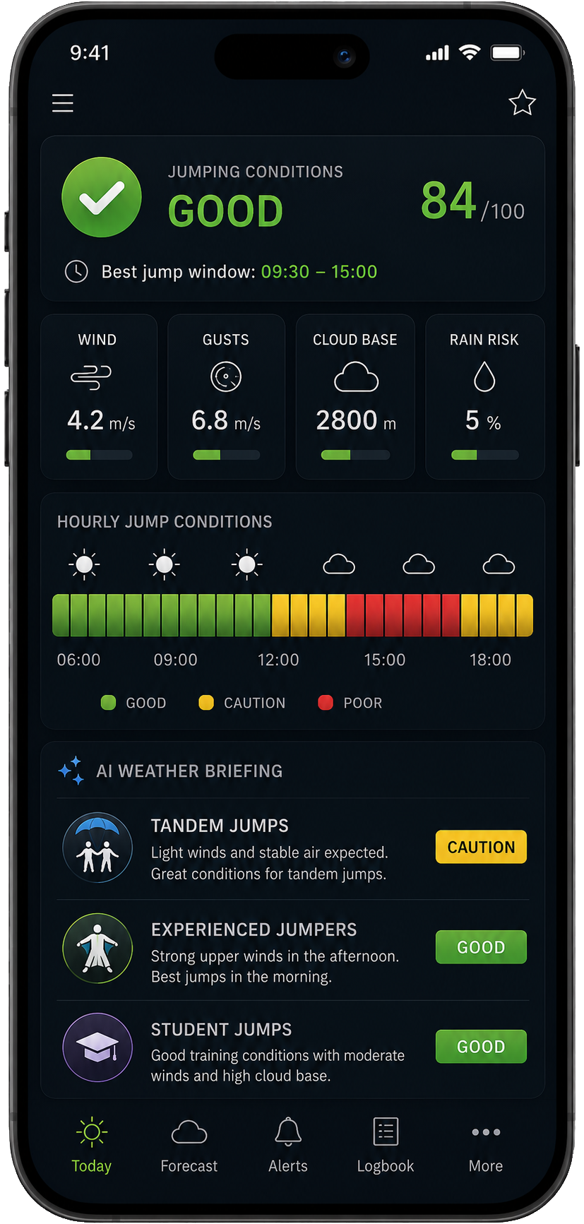 Interface preview for the skydive.guru assistant app