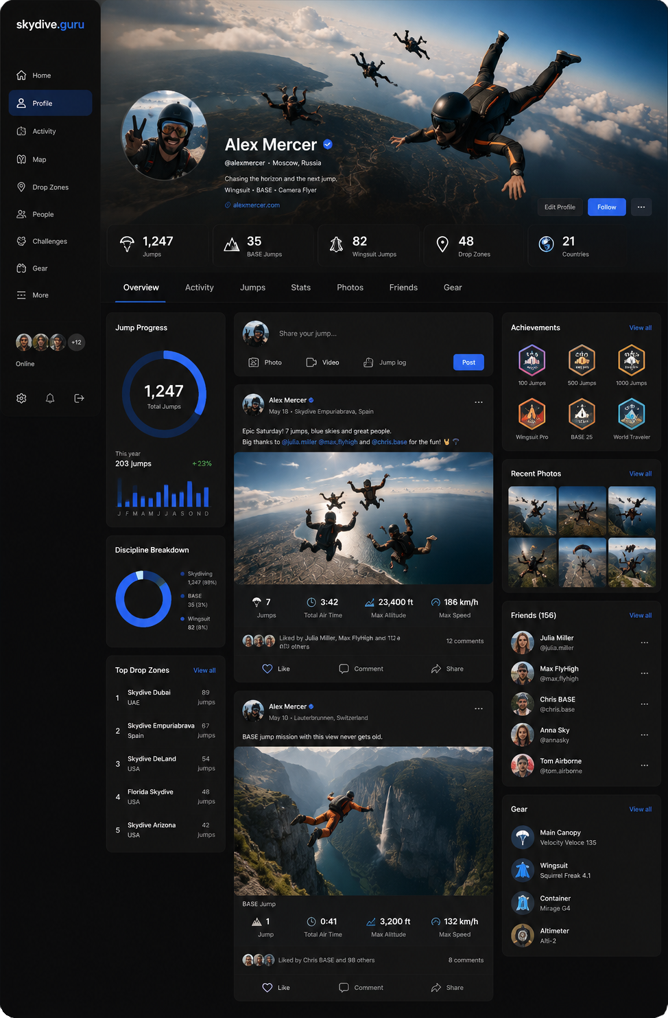 Social network interface preview for skydivers